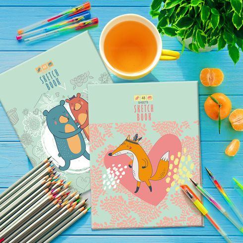 Скетчбук А5 подложка жёсткая 48л. "Forest party" (ассорти) ламинация матовая, гребень, белый блок