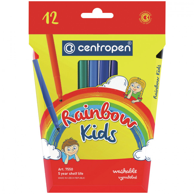 Фломастеры Centropen "Rainbow Kids", 12цв., трехгранные, смываемые, картон, европодвес Фломастеры Centropen "Rainbow Kids", 12цв., трехгранные, смываемые, картон, европодвес
