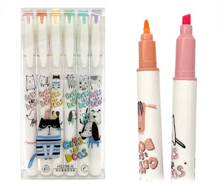 Маркер выделитель набор 6шт "Cats&Dogs" 1-3мм, Двусторонний (острый+скошенный), ароматизированный, CM-63/CT-73   ПВХ №H2296 (1/12/216)