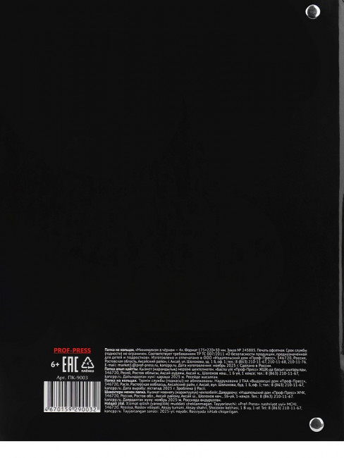 Папка на кольцах для тетради А5 "Минимализм в чёрном", 4 кольца, Проф-Пресс/ПК-9003 (15)