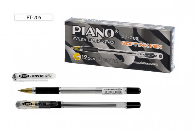 Ручка шариковая черная на масляной основе, "Piano GOLD", прозрачный корпус, резиновый рефлённый держатель, наконечник золотистого цвета, игольчатый стержень, прозрачный колпачок, толщина пишущего наконечника 0,5 mm, цвет чернил-черная.