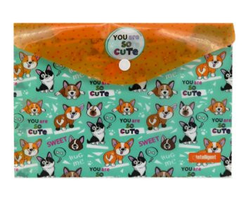 Папка с кнопкой А-5  CZ-97681 "Забавные корги" INTELLIGENT 24х17см, пластик зеленый с рисунком (12/1200)