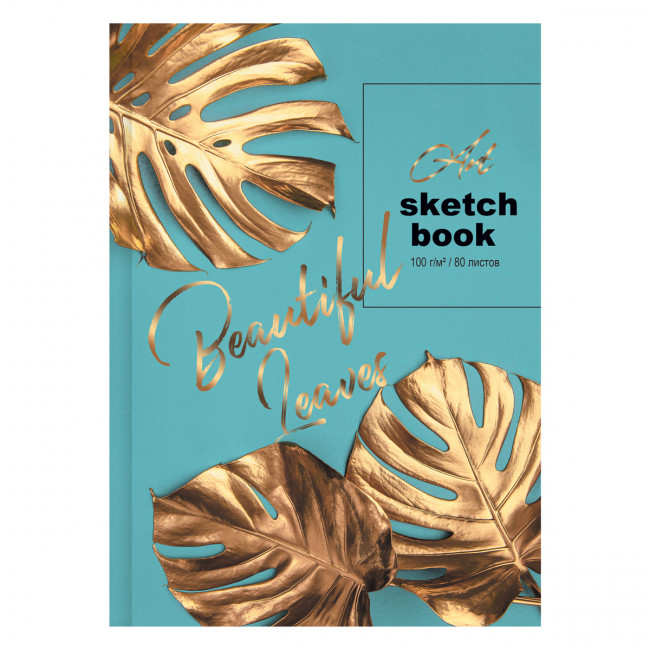 Скетчбук А5 переплёт твёрдый 80л. "Art leaves" ламинация матовая выборочный лак, белый блок, BG (2/20)