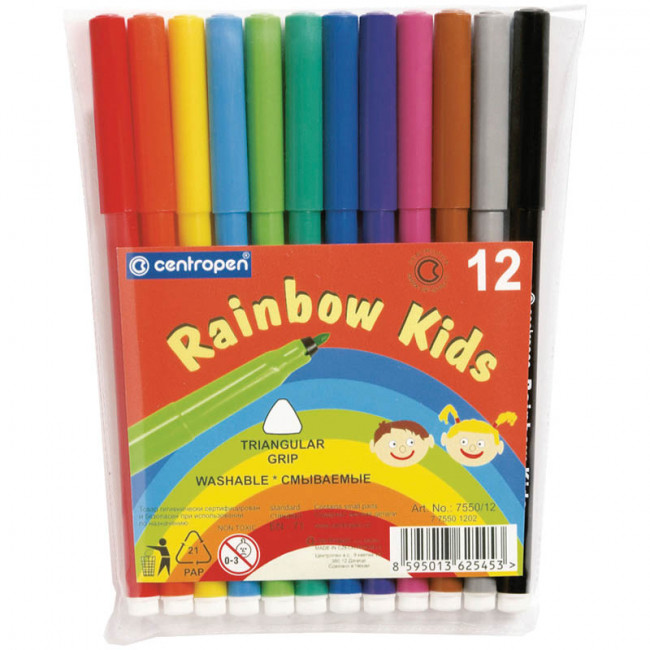 Фломастеры Centropen "Rainbow Kids", 12цв., трехгранные, смываемые, ПВХ Фломастеры Centropen "Rainbow Kids", 12цв., трехгранные, смываемые, ПВХ