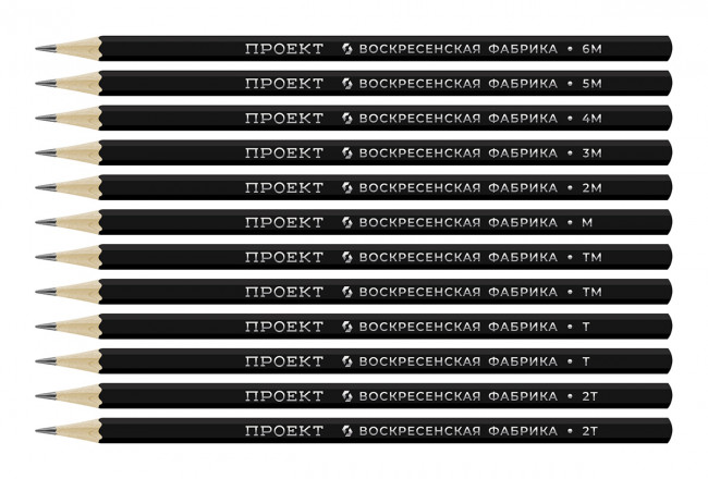 Набор графитных карандашей: 6М(6B), 5М(5B), 4М(4B), 3М(3B), 2М(2B), М(B), ТМ(HB), ТМ(HB) заточеные 12 шт, Проект  ВКФ/12B-4010 (8)