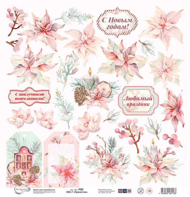 Бумага 30.5x30.5 см 190 г/кв.м для скрапбукинга "Пуансеттия" 10л, Mr.Painter /PSR 2505 №7