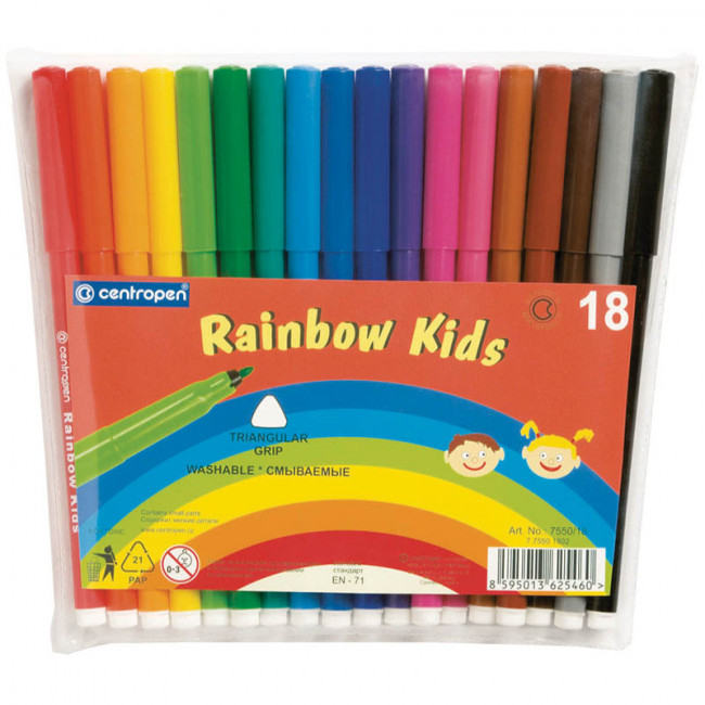 Фломастеры Centropen "Rainbow Kids", 18цв., трехгранные, смываемые, ПВХ Фломастеры Centropen "Rainbow Kids", 18цв., трехгранные, смываемые, ПВХ