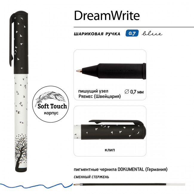 Ручка шариковая 0,7мм синяя "DreamWrite. Черно-белая романтика", BV/20-0264/05 (24)