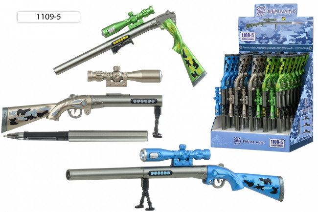 Ручка шариковая 0,38мм синяя "РУЖЬЁ", на масляной основе, колпачок выполнен в форме ружья с прицелом-фонариком, PIANO/1109-5 (30)