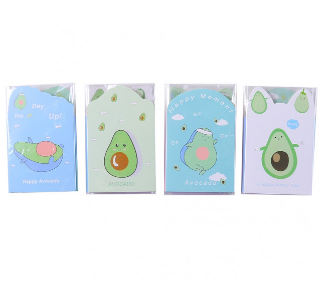 Набор блоков для записи с липким слоем HAPPY AVOCADO 12х8,5 см (4 фигурных блока  по 16 листов), ОПП-упаковка, Mazari