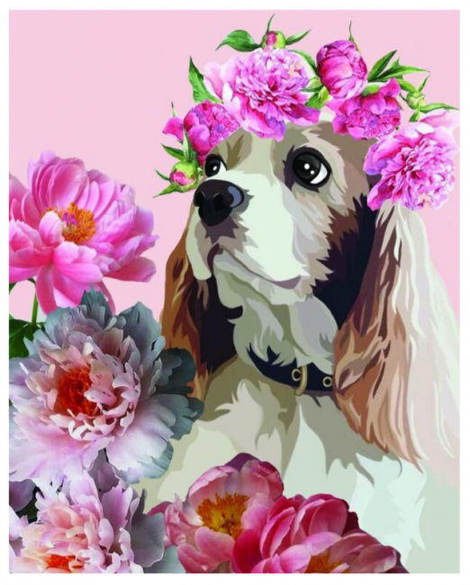 Алмазная мозаика 40*50 на подрамнике "Щенок в цветах", полная выкладка, ALM014