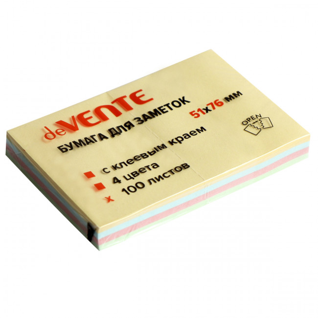 Клейкая бумага для заметок 51x76 мм 100 л, офсет 75 г/м², 4 цв. пастельных, deVENTE/2010717 (12)
