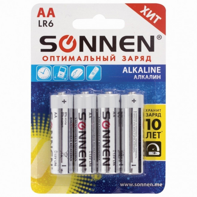 Батарейки КОМПЛЕКТ 4 шт., SONNEN Alkaline, АА (LR6, 15А), алкалиновые, пальчиковые, блистер Батарейки КОМПЛЕКТ 4 шт., SONNEN Alkaline, АА (LR6, 15А), алкалиновые, пальчиковые, блистер