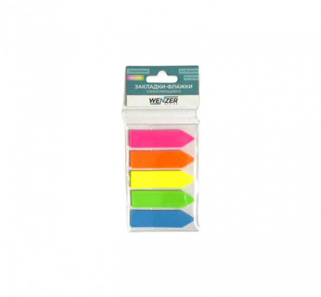 Закладки самоклеящиеся 20 л.*5 цв. WENZER OFFiCE 1,2 x 4,5 см,  неоновые, стрелка (30)