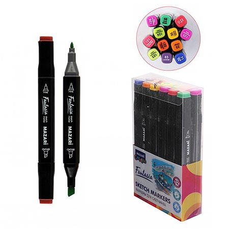 Набор маркеров для скетчинга двусторонние FANTASIA, 12цв., Main + Fluorescent colors (основные + флуорисцентные цвета), пулевид./клиновид. наконечники, пиш.узлы 3.0-6.2мм, ПВХ- упаковка