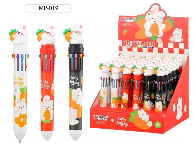 Авторучка 10-и цветная 0,5мм "ЗАЙЧИК", прорезиненный наконечник, Basir/MP-019 (36)