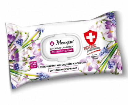 Салфетки влажные 150 шт., АНТИБАКТЕРИАЛЬНЫЕ, с пластиковым клапаном, МЕЛОДИЯ, 115226