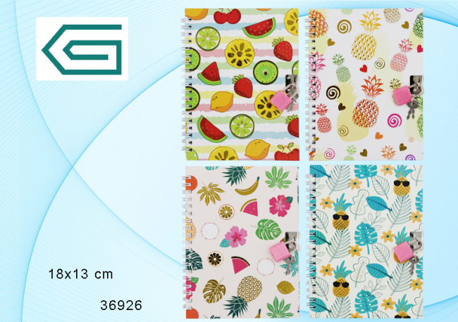 Блокнот детский: "ФРУКТЫ"; двойная евроспираль, яркая обложка 7-БЦ, цветной с золотом рисунок-фрукты /ассорти/, блок-линейка с иллюстрациями, +замочек, 48 листов; 18*13 см.