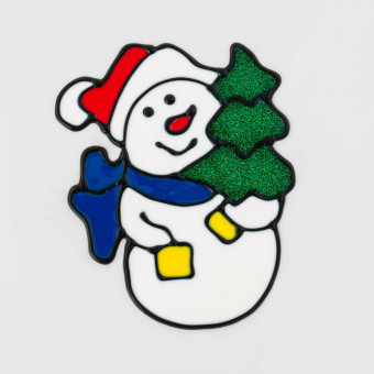 Наклейка 15х20см  на окно "Снеговик с елкой" силикон, Микрос/ч47892 (12)