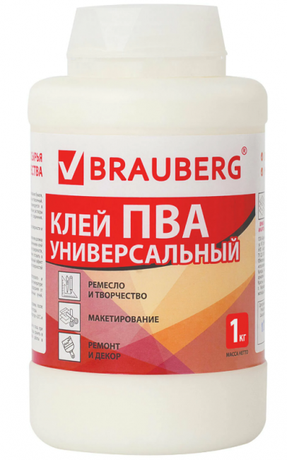 Клей ПВА BRAUBERG, 1 кг, универсальный (бумага, картон, дерево) Клей ПВА BRAUBERG, 1 кг, универсальный (бумага, картон, дерево)