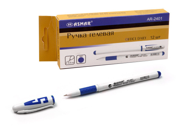 Ручка гелевая синяя, 0,5мм белый корпус, AR-2401/синяя Asmar (12/144)