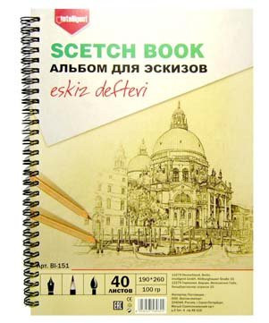 Альбом для эскизов 190*260 100гр. 40л. INTELLIGENT гребень, вертикальный BI-151, на подложке (5/60)