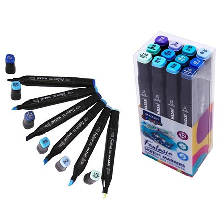 Набор маркеров для скетчинга двусторонние FANTASIA, 12цв., Marine blue colors (морские цвета), пулевид./клиновид. наконечники, пиш.узлы 3.0-6.2мм, ПВХ- упаковка