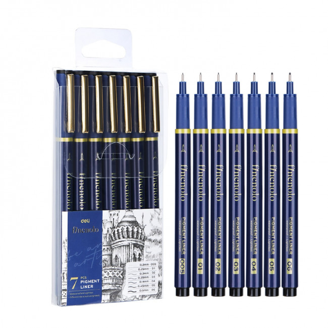Набор капиллярных ручек: 0,2, 0,25, 0,3, 0,35, 0,4, 0,45, 0,5мм, 7шт, черные, Finenolo/Q909