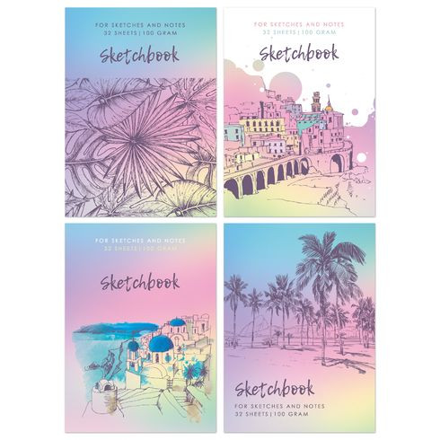 Скетчбук А6 форзац с дизайном 32л. "Мои наброски" ламинация матовая (ассорти)105x145мм, скоба, белый блок