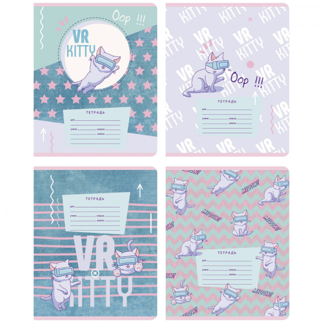 Тетрадь 24 клетка "VR kitty" скрепка, BG (12/144)