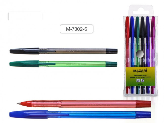 Набор ручек шариковых STYLUS, 6 цв., пулевидный пиш.узел 0.7мм, корпус пластиковый полупрозрачный цветной, сменный стержень 140 мм, ПВХ-упаковка с европодвесом