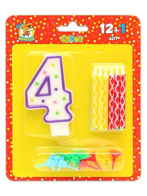 Свечи с цветным узором с подставками. 12 шт. + свеча-цифра "4" С-0426 (24) Свечи с цветным узором с подставками. 12 шт. + свеча-цифра "4" С-0426 (24)