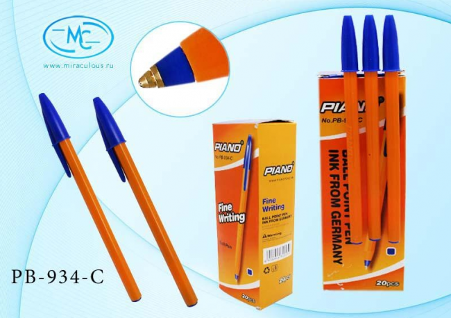 Ручка шариковая 0,7мм синяя "Piano FineWriting", на масляной основе, трёхгранный жёлтый корпус, PIANO/PB-934C (20)