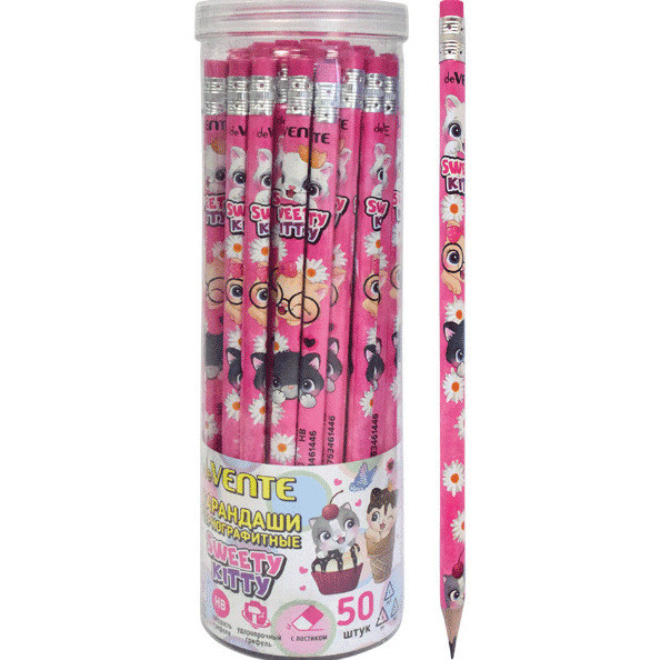 Карандаш чернографитный "deVENTE. Sweet Cats" HB, диаметр грифеля 2 мм, трёхгранный, с ластиком, заточенный, индивидуальная маркировка, в пластиковой тубе