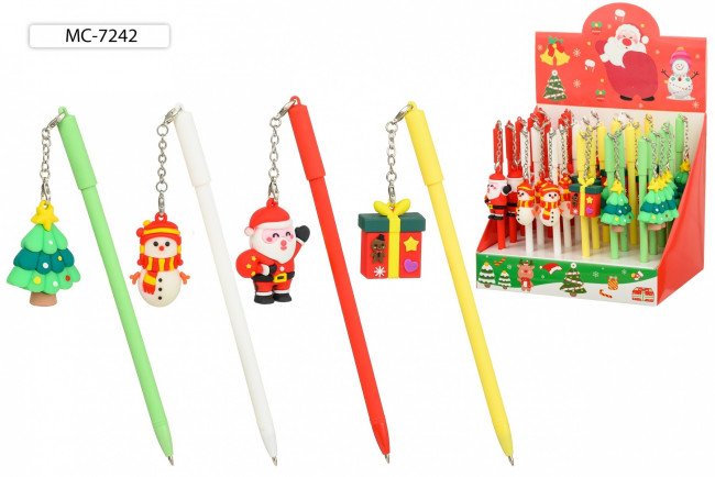 Ручка шариковая синяя "НОВОГОДНИЕ", колпачок со съёмным брелоком: Снеговик, Дед Мороз, подарок, ёлка, Basir/МС-7242 (30)