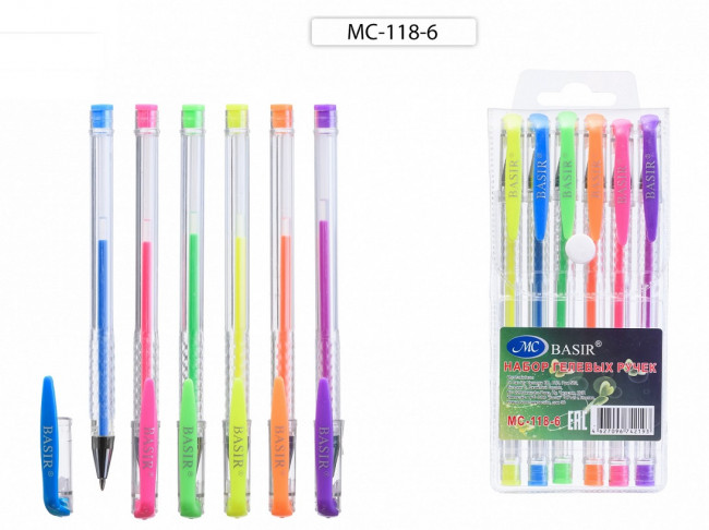 Набор гелевых ручек 6 цв, прозрачный корпус, колпачок цветной, BASIR/МС-118-6 (20)