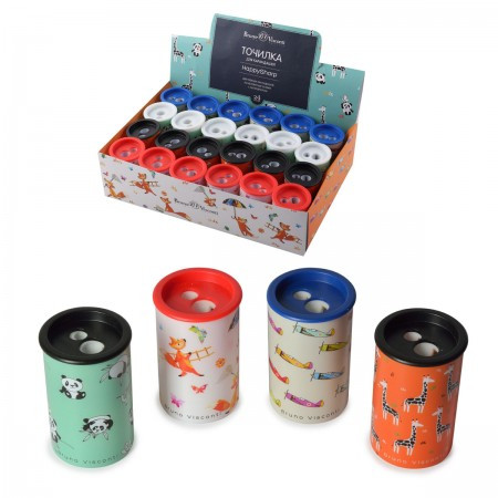 Точилка с контейнером "Happysharp. Цилиндр", 2 отверстия, 4 цвета ассорти, BV/35-0011 (24)