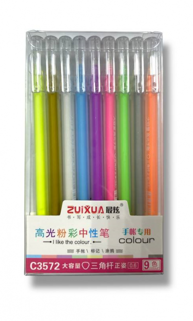 Набор акриловых ручек 9 цветов, 0,6мм трёхгранные, неоновые ZUIXUA/C3572 Набор акриловых ручек 9 цветов, 0,6мм трёхгранные, неоновые ZUIXUA/C3572