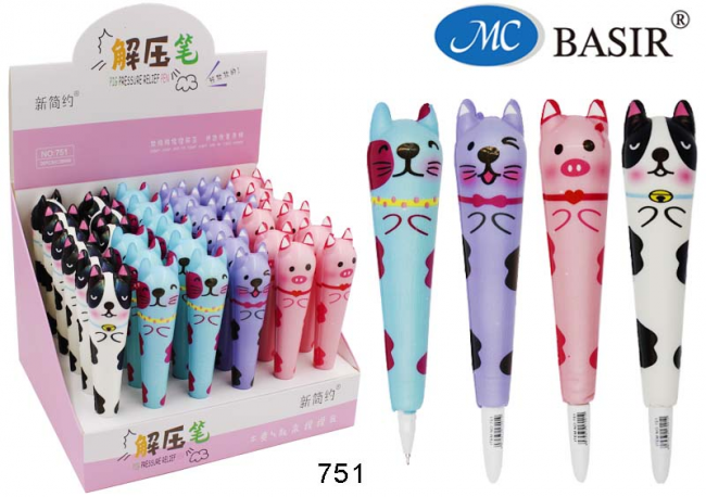 Ручка шариковая с чернилами на масляной основе: АНТИСТРЕСС -СКВИШ-ЖИВОТНЫЕ ; цветной /ассорти/, иголка, 0,38 mm, цвет чернил синий.