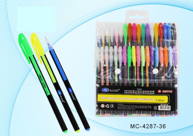 Набор гелевых ручек: ароматизированные, неон, пастель, с блёстками; чёрный пластиковый корпус с цветной вставкой, цветной колпачок /в цвет чернил/, упаковка с европодвесом, толщина пишущего наконечника 1,0mm, 36 цветов.
