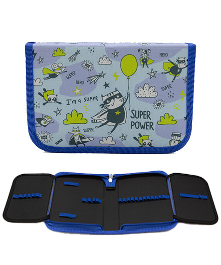 Пенал 1   отд. CI-9001 "Супер зверята" с 2-мя створками, текстиль, 21*14*4см, голубой с рисунком (1/1/100)