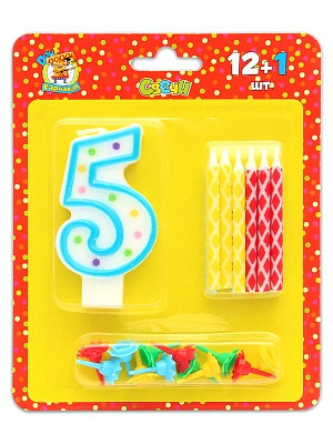 Свечи с цветным узором с подставками. 12 шт. + свеча-цифра "5" С-0427 (24) Свечи с цветным узором с подставками. 12 шт. + свеча-цифра "5" С-0427 (24)