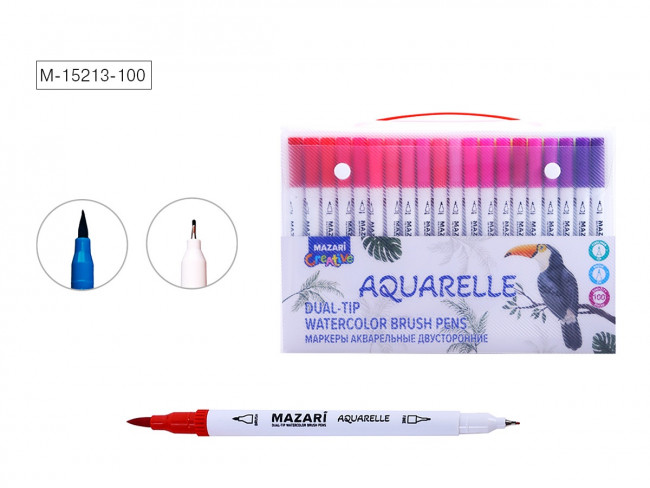 Набор маркеров 100цв акварельные, двусторонние "Aquarelle", наконечники: кисть и файнлайнер, Mazari/M-15213-100