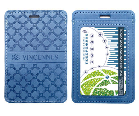 Обложка для проездного билета DC-816 серо-голубая "Vincennes" 2 кармана, А7, экокожа с тиснением (2/1000)