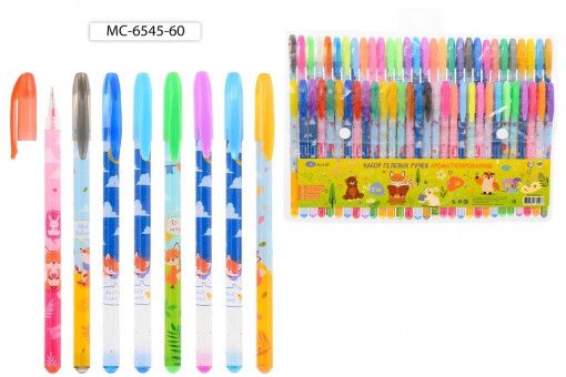 Набор гелевых ручек 60цв МС-6545-60 ароматизированные, с блёстками, пастельные, металлик, неоновые "Лисята", Basir (16)