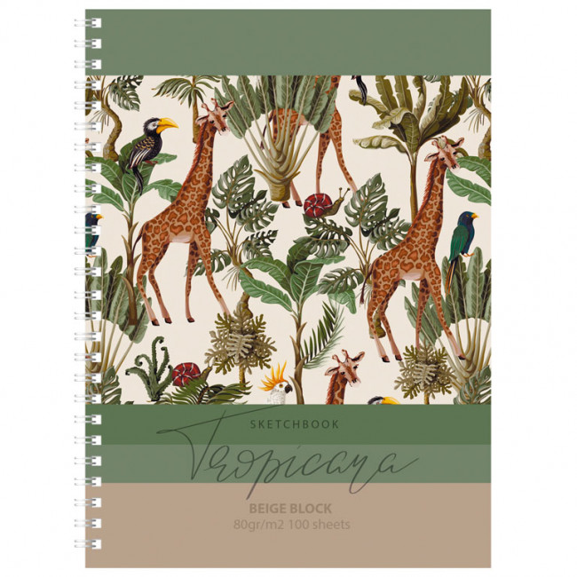 Скетчбук А5 обложка твёрдая 100л. "Tropicana" ламинация матовая, гребень, бежевый тонированный блок Скетчбук А5 обложка твёрдая 100л. "Tropicana" ламинация матовая, гребень, бежевый тонированный блок