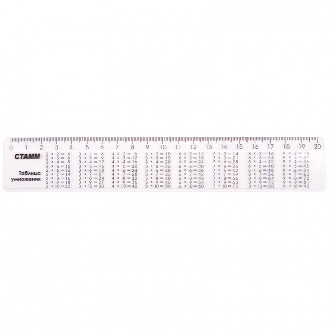 Линейка 20см пласт прозр справ Таблица умножения ЛС02 (20)