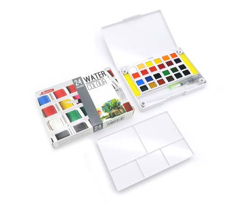 Краска  акварель 24 цв. CA-20/BY-29 в пластиковой коробке, кисточка с резервуаром для воды в комплекте (1/1/24)
