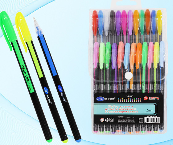 Набор гелевых ручек: ароматизированные, неон; частично с блёстками, чёрный пластиковый корпус с цветной вставкой, цветной колпачок /в цвет чернил/, упаковка с европодвесом, толщина пишущего наконечника 1,0mm, 24 цвета.