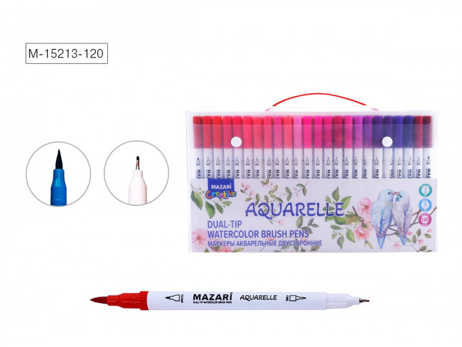 Набор маркеров 120цв акварельные, двусторонние "Aquarelle", наконечники: кисть и файнлайнер, Mazari/M-15213-120 Набор маркеров 120цв акварельные, двусторонние "Aquarelle", наконечники: кисть и файнлайнер, Mazari/M-15213-120